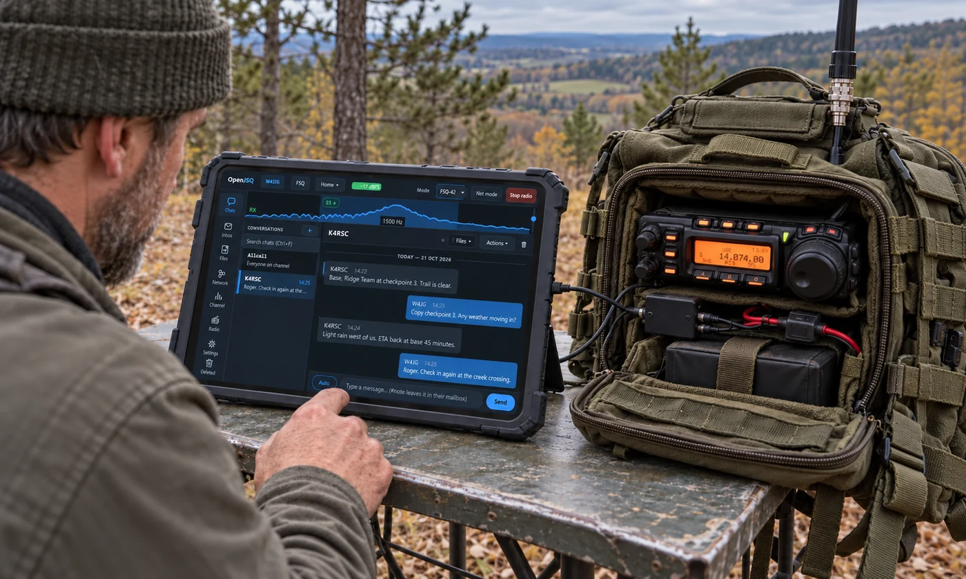 Generated illustration of an operator using OpenJSQ on a rugged tablet beside a portable radio.