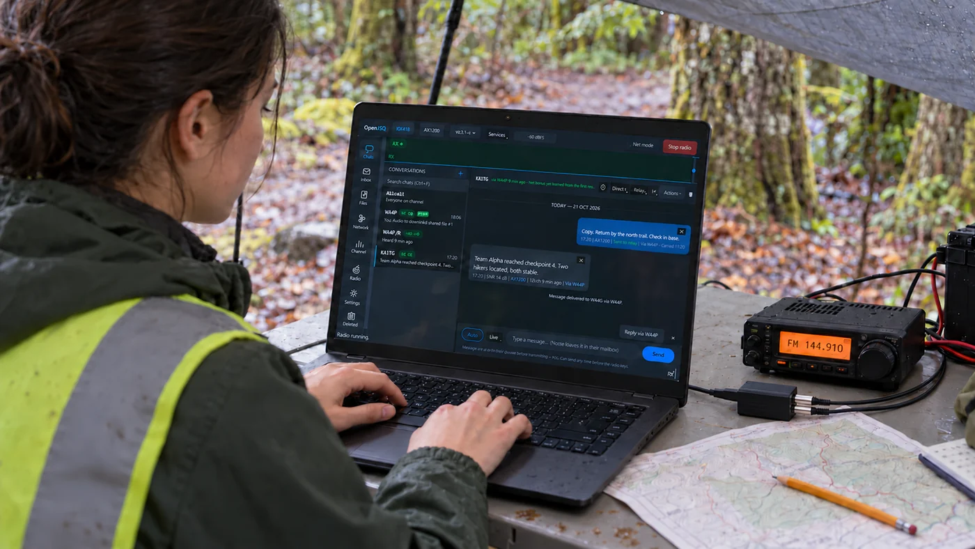 Generated illustration of a field operator using OpenJSQ beside a radio and map under a woodland shelter.